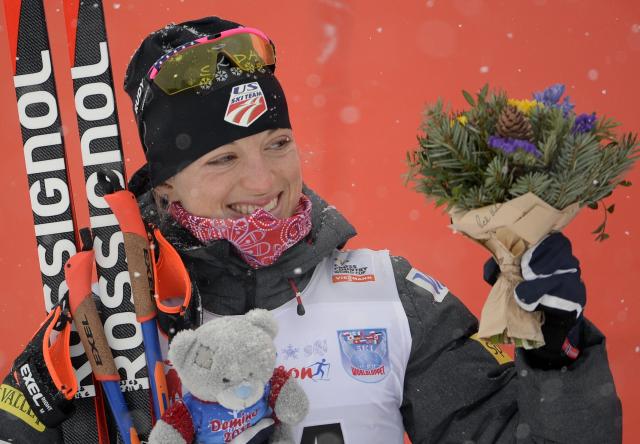 Liz Stephen stands on the podium at Rybinsk. (Getty Images/AFP-Alexander Nemenov)