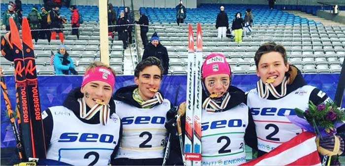 Luke Jager, Ben Ogden, Johnny Hagenbuch, and Gus Schumacher won the Junior men's 4x5k relay Sunday at the FIS Junior World Cross Country Championships. (FIS)